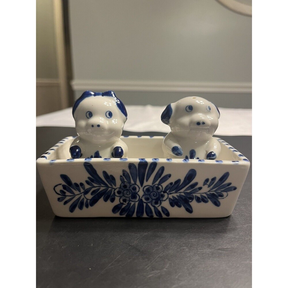 3pc Delft Blue & White Piggy Pig in Trough Salt & Pepper Shakers